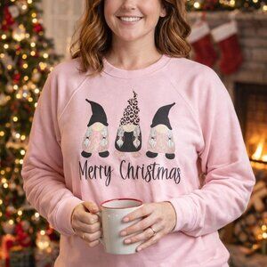 Merry Christmas Glitter Gnomes | Pink Sponge Fleece Pullover | Bella + Canvas